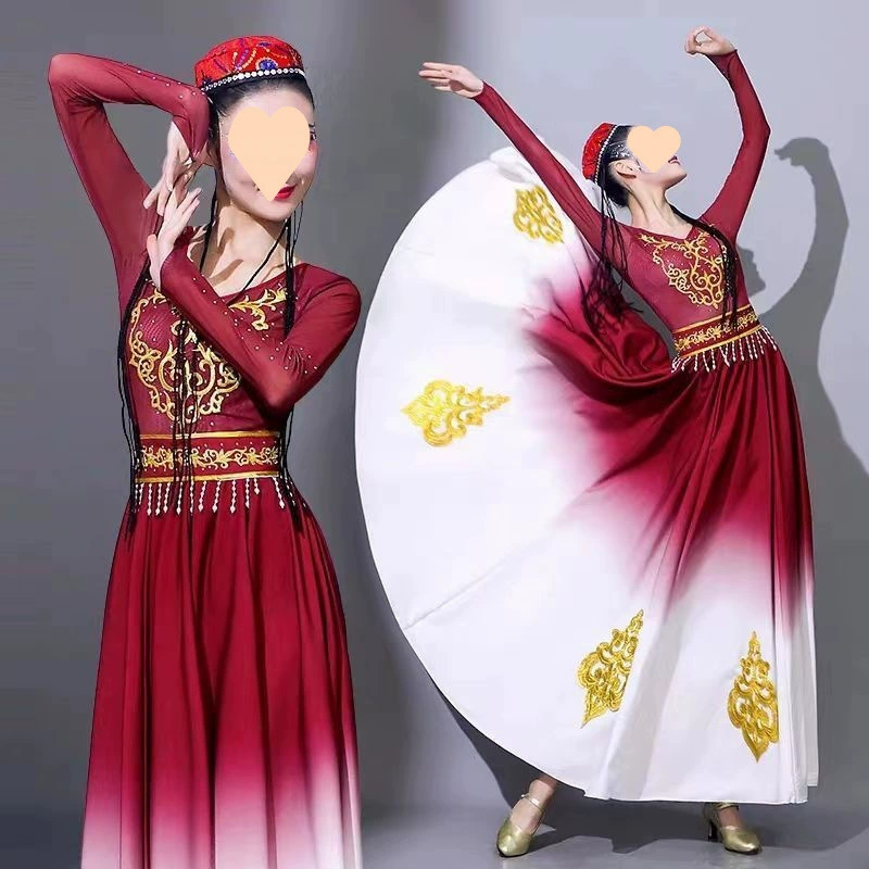2025 Уйгурская большая юбка-качалка для танцев в Синьцзяне, одежда для взрослых, этническая одежда для выступлений, одежда для художественных экзаменов, одежда для меньшинств