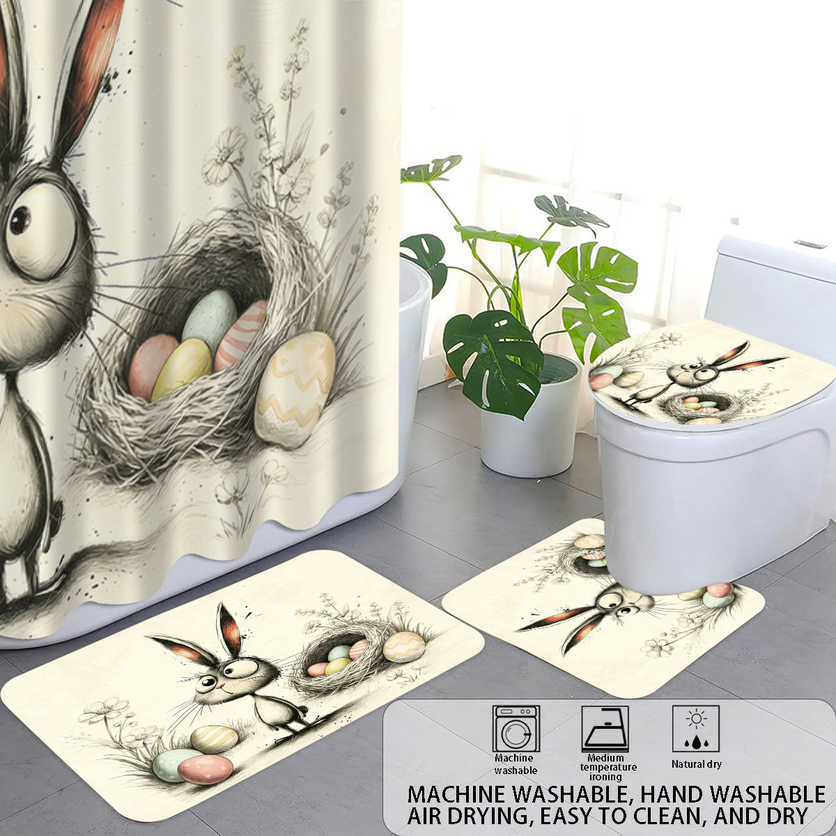 Tiktok poliéster cortina de baño impermeable conejo de Pascua sin perforación cortina de baño decoración cortina de baño cortina de cuatro piezas