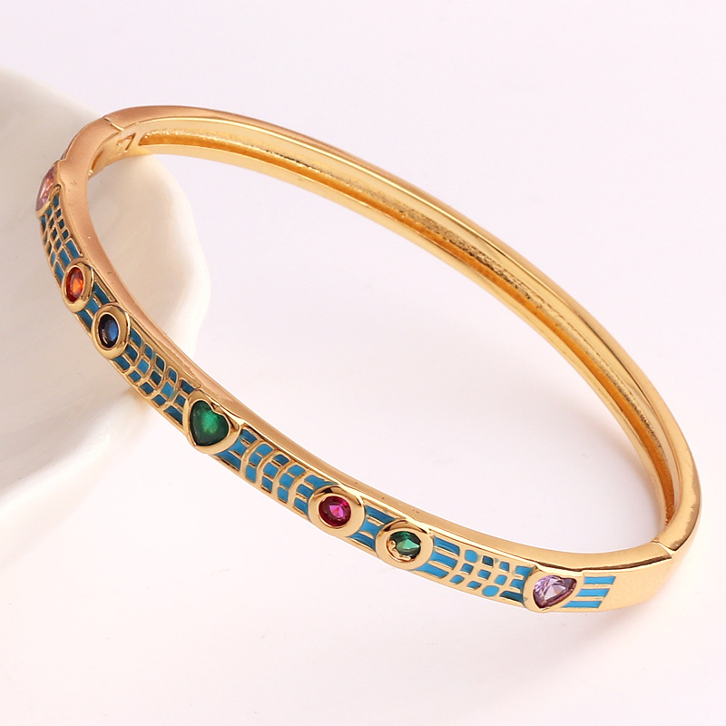 Retro Round Heart Shape Copper Enamel Zircon Bangle