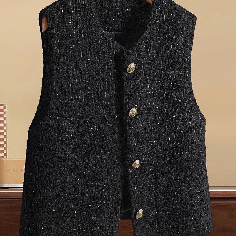 Chanel-Style Elegant Sequined Tweed Vest 2025 Autumn and Winter New Women's Round-Neck Sleeveless Vest Jacket Women's Top