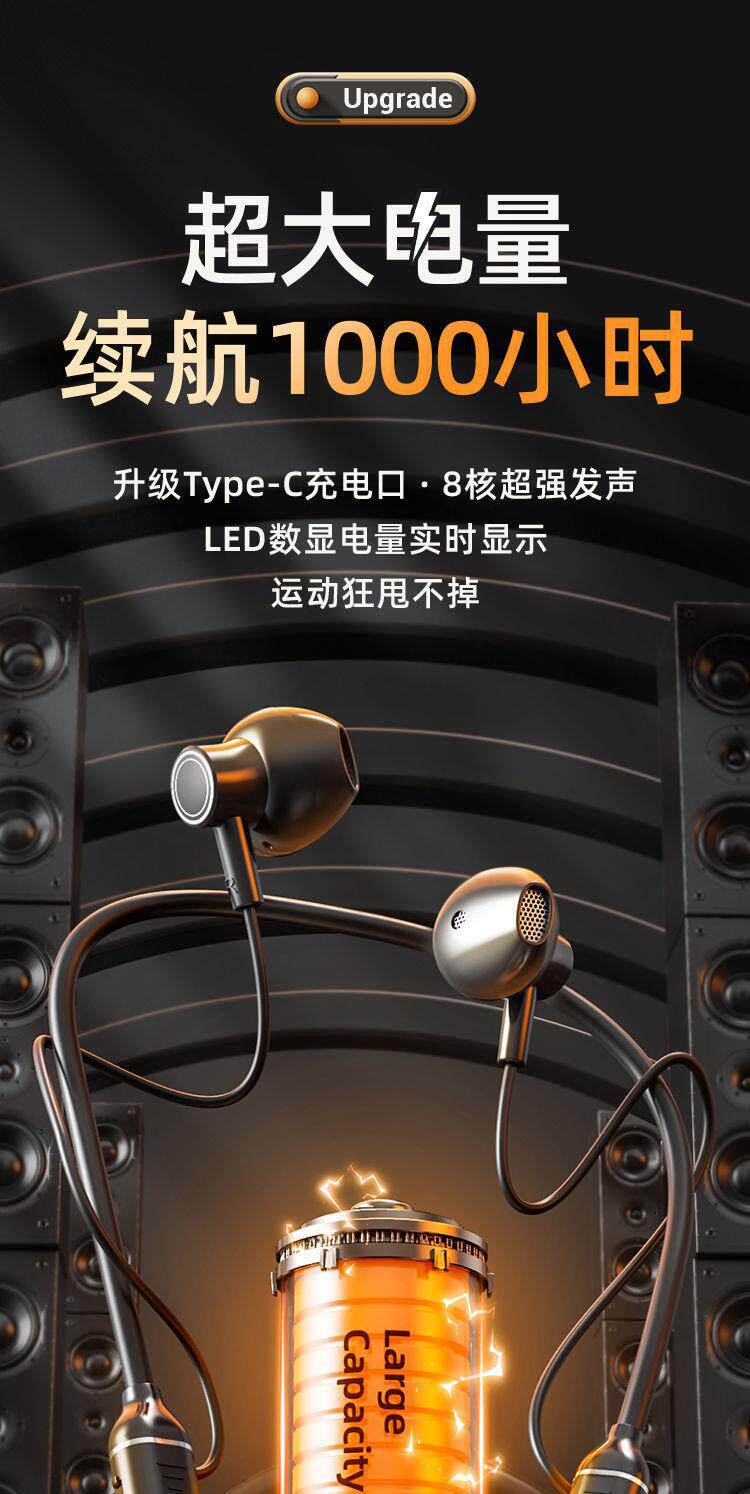 Wireless Bluetooth earphones, neck-mounted, for sports and gaming, with large battery capacity and long standby time, compatible with Huawei, VIVO, Apple, and OPPO