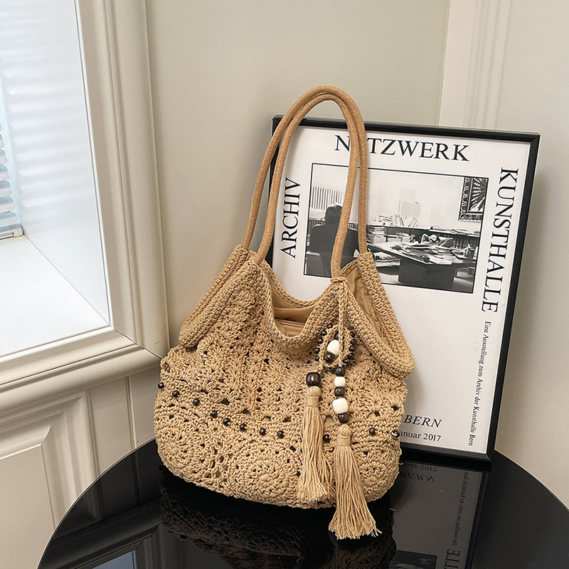 Women's Woven Beach Bag - Large Capacity Casual Tote For Seaside Vacation, Elegant Lazy Style Commuter Bag - Thumbnail 3