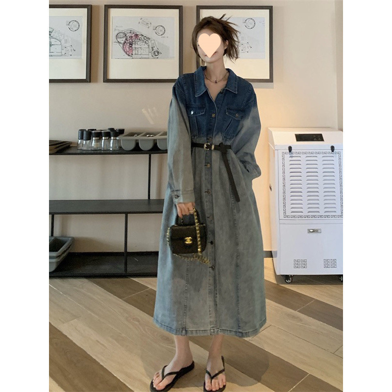 New Tie-Dye Gradient Denim Dress, Lazy Style, Covering the Flesh and Slimming, Casual Shirt Style, Loose Long Skirt