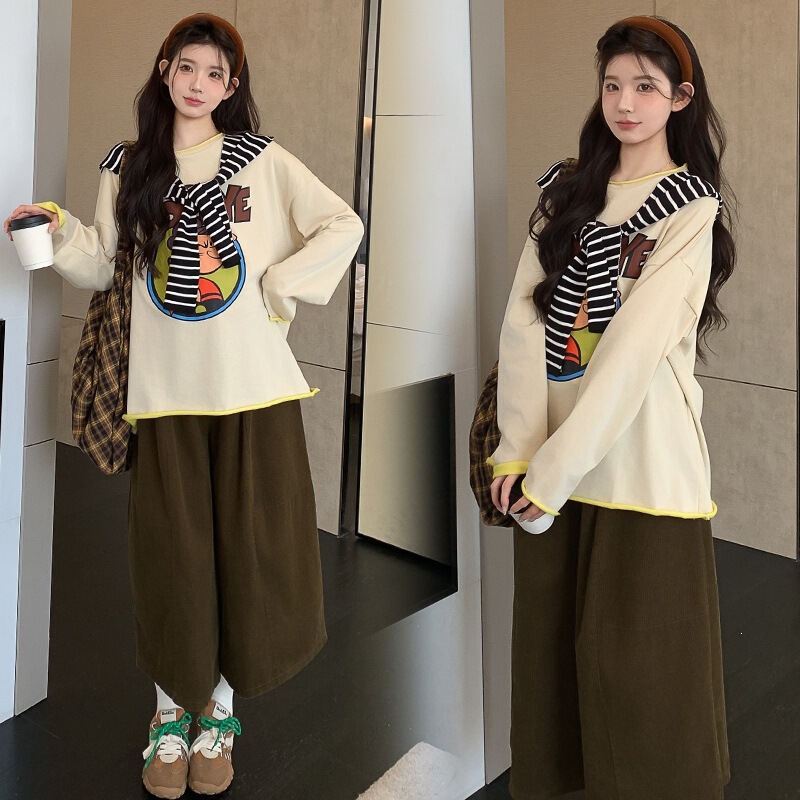 Maternity Set Spring and Autumn New Style: Faux Two-Piece Striped Shawl, Printed Long-Sleeve T-Shirt, Corduroy Skirt Two-Piece Set Maternity Set Spring and Autumn New Style: Faux Two-Piece Striped Shawl, Printed Long-Sleeve T-Shirt, Corduroy Skirt Two-Piece Set