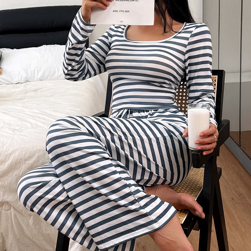 Amazon Cross-Border European and American Women's Square-Neck Fashion Striped Casual Slim Long-Sleeve Long-Pants Pajama Loungewear Set Amazon Cross-Border European and American Women's Square-Neck Fashion Striped Casual Slim Long-Sleeve Long-Pants Pajama Loungewear Set