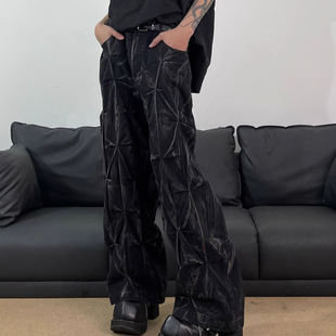 American Retro Washed Jeans for Men, New Spring and Autumn High Street Style, Handsome Loose Wide-Leg Drape Straight Floor-Length Pants