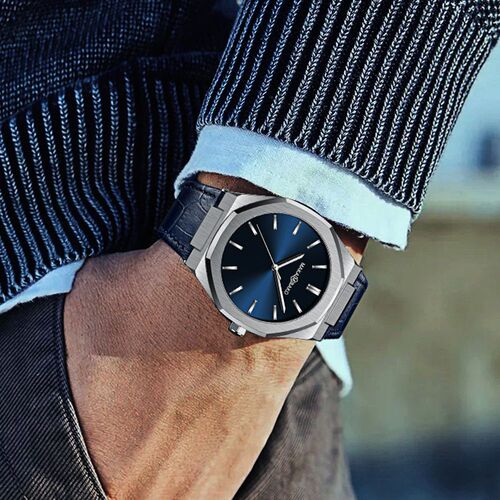 Octagonal simple Japanese movement men's watch casual trendy waterproof first layer cowhide leather watch