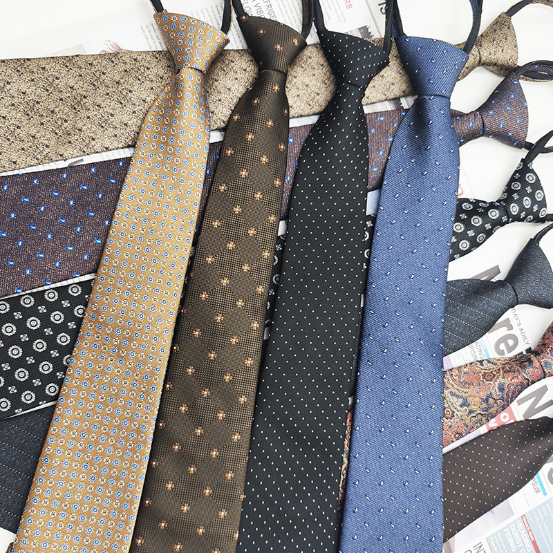 Corbata casual de negocios para hombres con cremallera 7.5cm jacquard hilo de poliéster lazo perezoso sin nudos corbata spot al por mayor