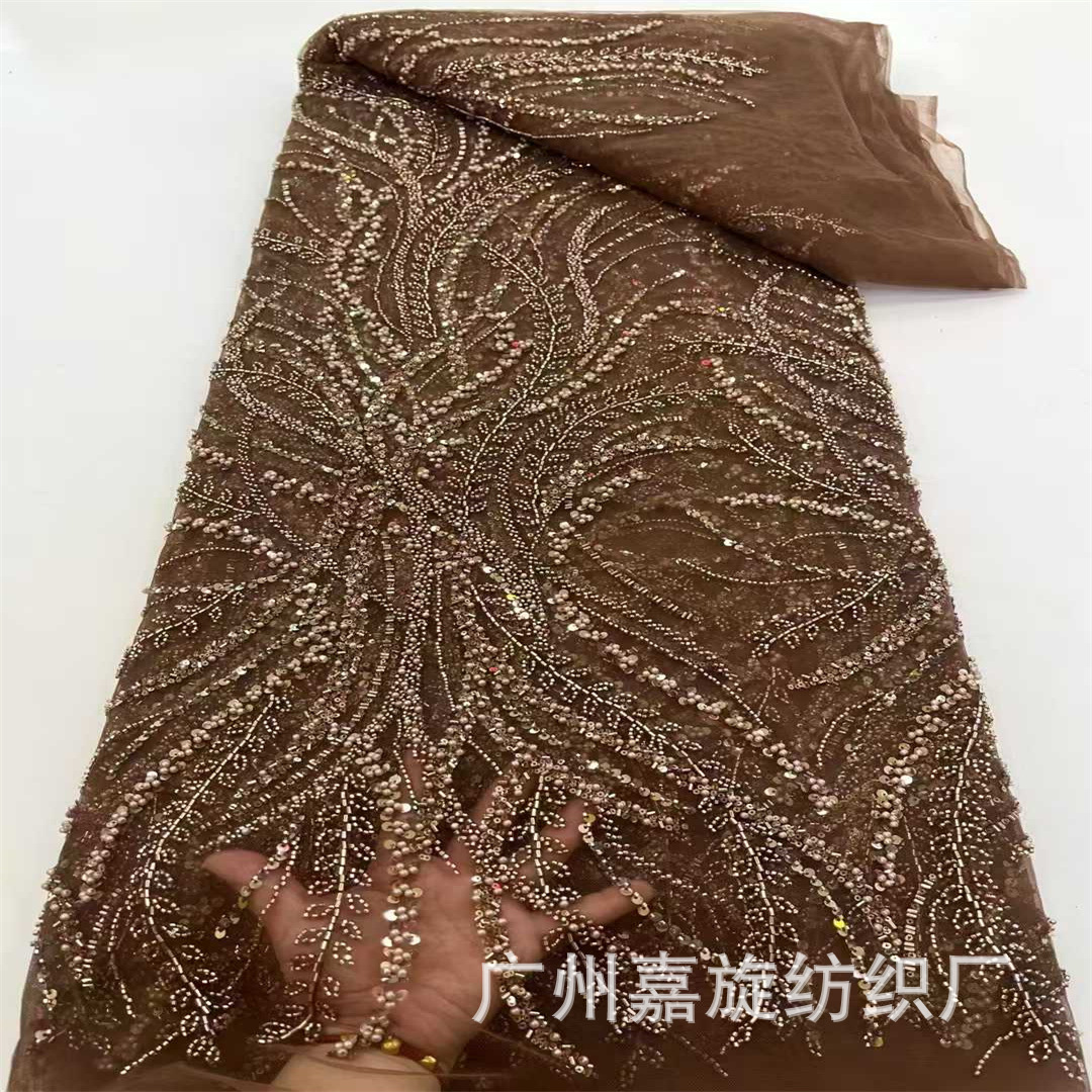 Encaje francés moda hoja vid lentejuelas cuentas tubo bordado tela de encaje vestido de novia francés falda tela image 10