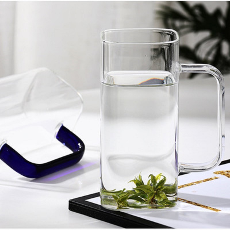 Color cuadrado mango vidrio ins estilo cuadrado taza de té verde con mango taza de desayuno resistente a altas temperaturas creativo café taza de leche