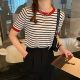 Striped Sweater Short-sleeved Women's 2025 Summer New Thin Ice Silk T-shirt Contrast Color Round Neck Base Top Trendy