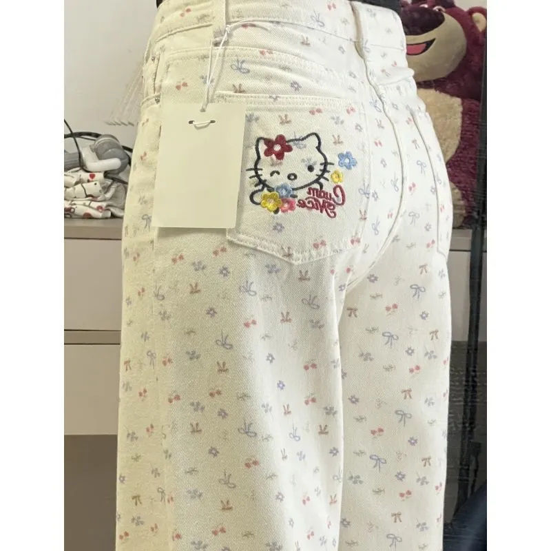 [Korean Cow] Sweet Kitty Cat Embroidered Jeans for Women 2025 Trendyy New Relaxed High-Waisted Draped Pants
