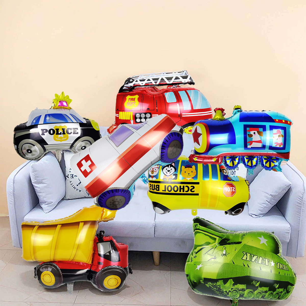 Tren globo niños fiesta decoración policía coche tanque camión bomberos autobús escolar ingeniería vehículo placa de aluminio globo al por mayor