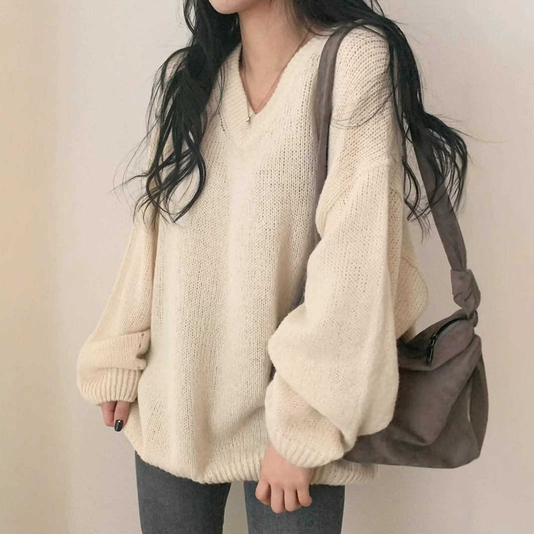 Осенне-зимний свитер в корейском стиле, свободного кроя, с V-образным вырезом, однотонный, с длинными рукавами, повседневный, многослойный, облегающий, вязаный, для женщин.