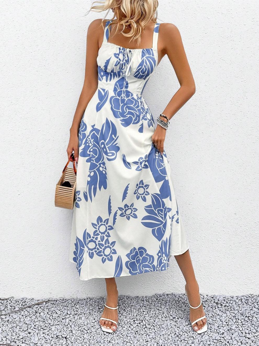 227g Weight Midi Dress Dress Length Type Sleeveless Sleeve Length Strap Dress Dresses Type Sleeveless Sleeve Type Polyester Fabric Type Elastic Waist Waist Line Holiday Occasion Strap Neckline Regular Fit Fit Type Flower Pattern Summer Season Women's Gender Streetwear Style Wholesale Women's Streetwear Flower Holiday Strap Sleeveless Strap Dress 3