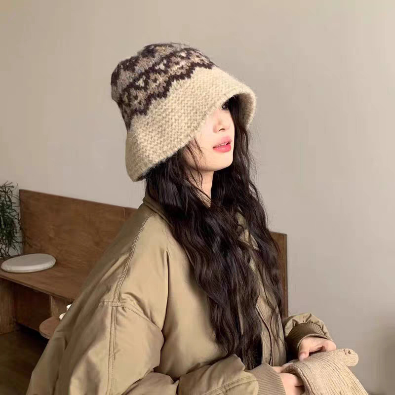 复古提花针织渔夫帽子女秋冬韩系大头围盆帽保暖护耳显脸小毛线帽|undefined