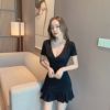 Women’s nightclub sexy deep V-neck low cut backless solid color fishtail buttock skirt underdress Short Sleeve Dress