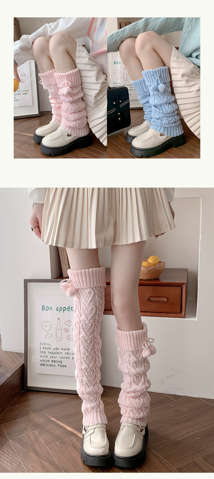 Scaldamuscoli Calzini di cotone e lana per donna, lavorati a maglia, caldi e spessi, leggings con palline di pelo carine, stile giapponese, lunghi sopra il ginocchio_voghion.com