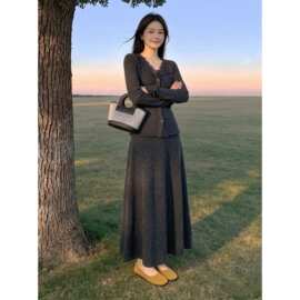 法式v领针织长袖连衣裙子套装女秋季韩系高级感穿搭两件套