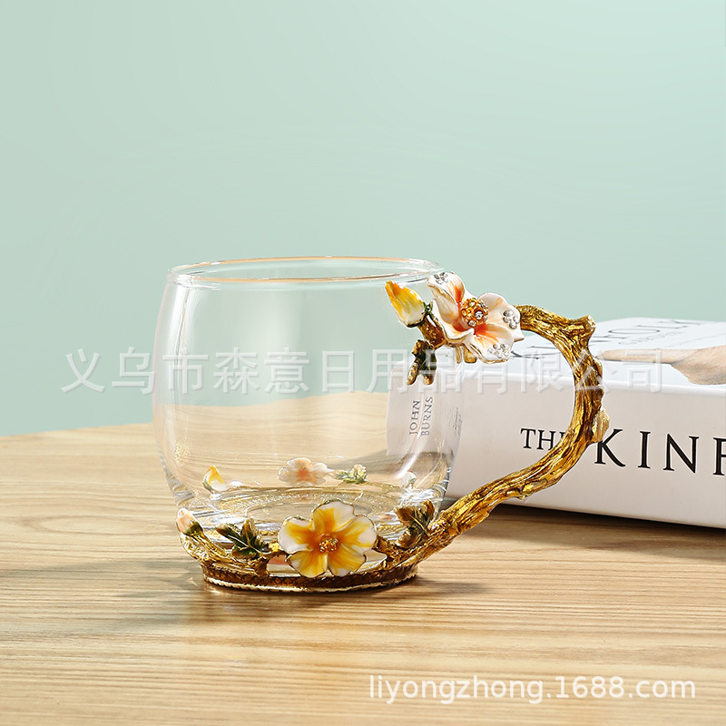 Esmalte taza de agua de color flor creativa taza de té taza de jugo taza de vidrio de cristal resistente al calor taza de café taza de pareja de gama alta regalo de la taza