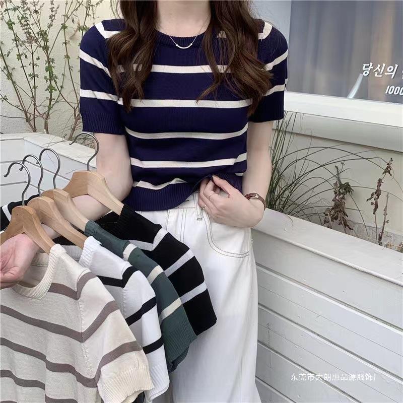 Summer Korean-style Striped Sweater Women's Short-sleeved New Round Neck Pullover Slimming Short Cute All-match Top Women's Trendy Summer Korean-style Striped Sweater Women's Short-sleeved New Round Neck Pullover Slimming Short Cute All-match Top Women's Trendy