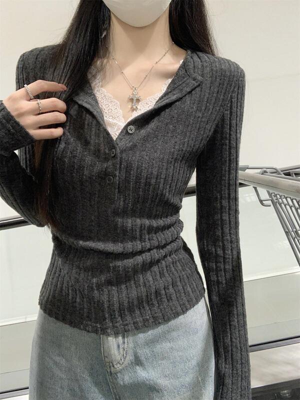 韩版纯欲蕾丝花边纽扣假两件磨毛打底衫T恤女秋季辣妹修身短上衣|undefined