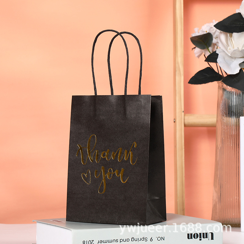 Fabricante en stock transfronterizo negro Gracias bronceado bolsa de papel Portátil Bolsa de cartón negro cuerda de papel bolsa de regalo
