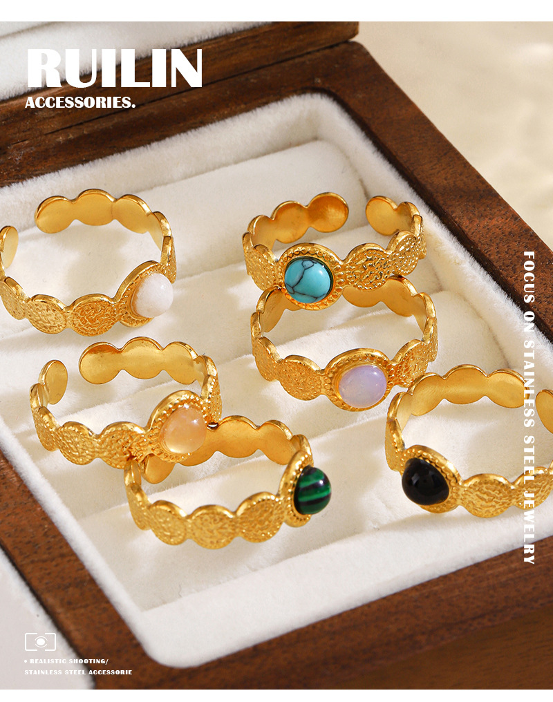 5g Weight Natural Stone Inlay Material Open Rings Classification 1 Piece Quantity Wholesale Jewelry Simple Style Geometric 304 Stainless Steel Natural Stone Plating Open Rings