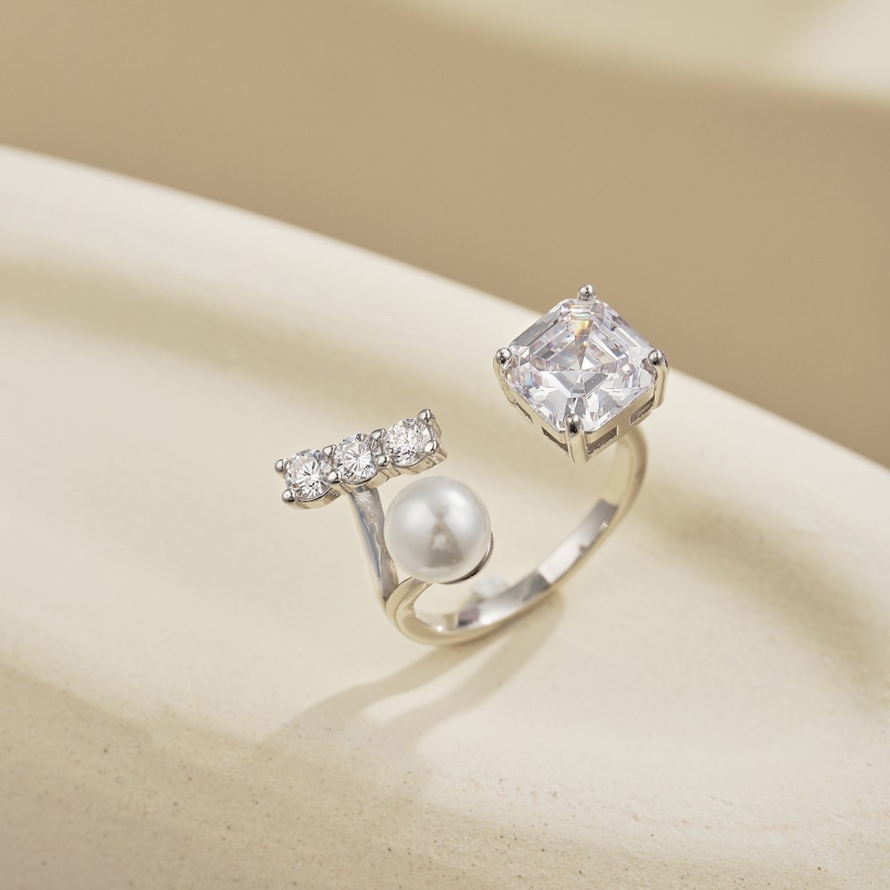 Fashion Geometric Sterling Silver Inlay Artificial Pearls Zircon Open Ring 1 Piece