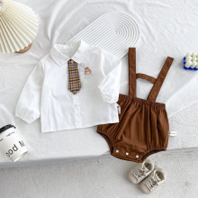 春秋款婴儿套装宝宝背带裤两件套周岁衣服拍照学院风三角包屁爬服