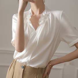 荷叶边仿真丝上衣女设计感小众夏季短袖白色法式气质桑蚕丝衬衫