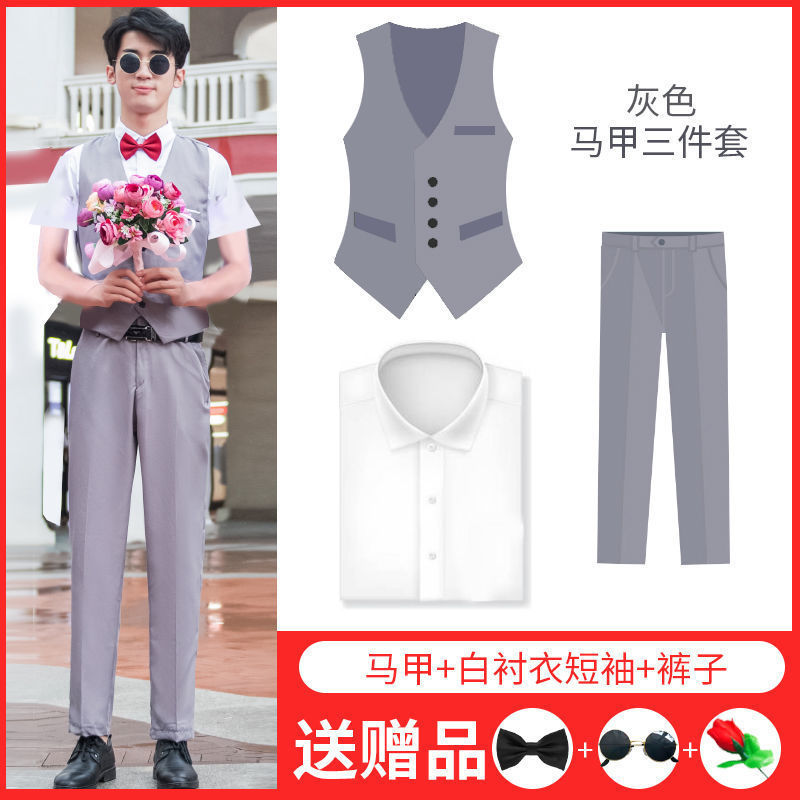 連れ合い服男兄弟団装夏シャツズボン新郎結婚ドレス馬甲三点セットスーツセット|undefined