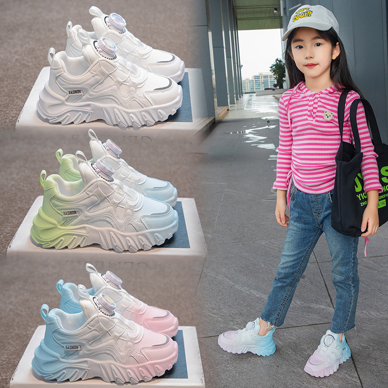 Girls' Shoes Spring and Autumn 2023 New Leather Waterproof Children's Sneakers Large Children's Swivel Button Girls' Torre Shoes