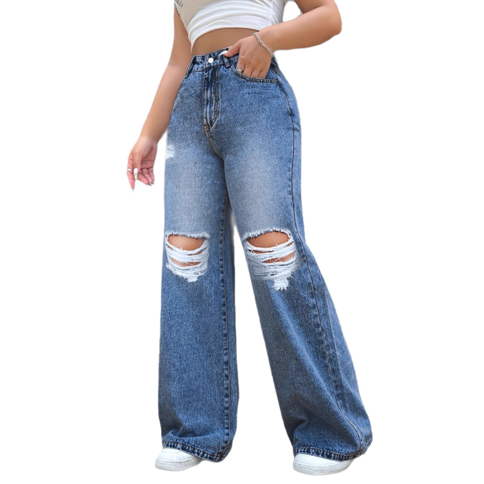 Jeans de Pierna Ancha con Rotos para Mujer de Mezclilla, Corte Relajado, para Uso Casual image 6