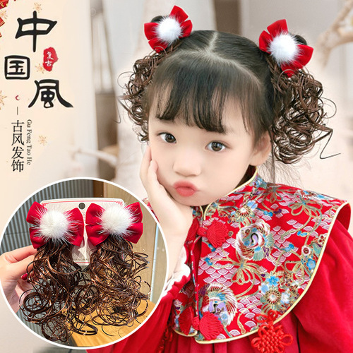 Children's wig headdress baby New Year curly hair clip cute little girl bow hair clip girl New Year hair accessories