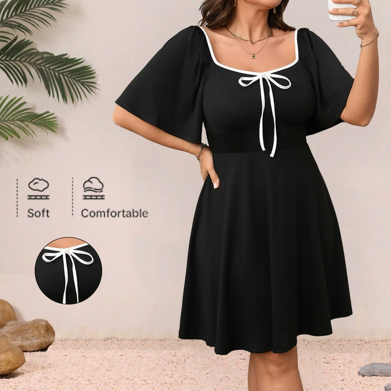 Длинное платье женское европейского стиля, plus size 1XL–4XL, короткие рукава, квадратный вырез с бантом