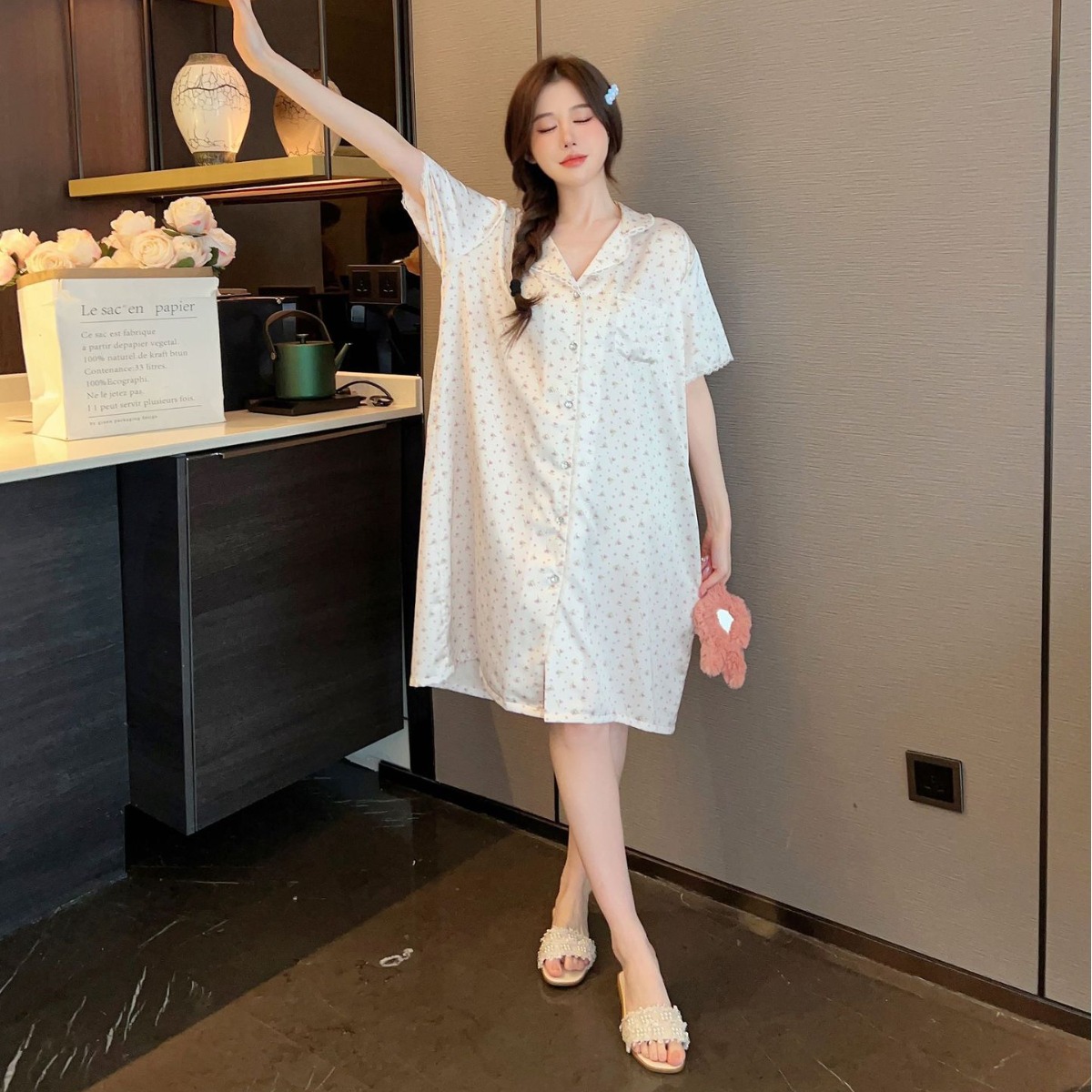 (2개) 모넬 아이스 실크 잠옷 결합 된 짧은 소매 나이트 드레스 자카드 레오파드 파자마 섹시한 셔츠 홈웨어 공장 상점