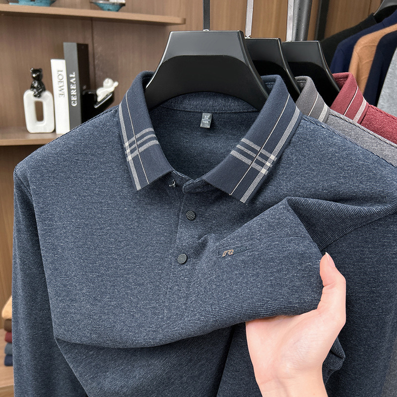 Middle-aged men's long-sleeve polo shirt, high-end business casual turn-down collar T-shirt, solid color, suitable for dads, base layer top, available for wholesale Middle-aged men's long-sleeve polo shirt, high-end business casual turn-down collar T-shirt, solid color, suitable for dads, base layer top, available for wholesale