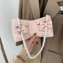 可爱小包包夏季2022新款时尚蝴蝶结褶皱单肩腋下包珍珠链条斜挎包