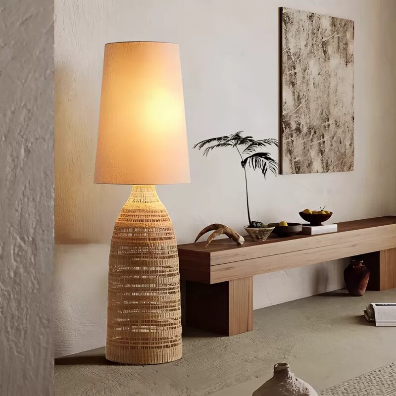 Japanese Zen-Style Floor Lamp for Living Room, Wabi-Sabi Retro Bedroom Sofa Side, Study Room, Standing Rattan Woven Ambiance Lighting