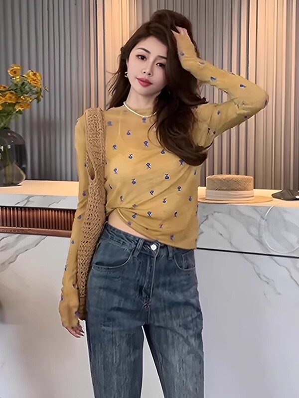 复古港风女孩印花长袖防晒罩衫夏薄款网纱T恤超好看修身百搭上衣|undefined