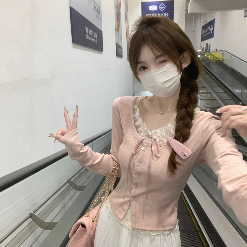 Korean Sweet Ballet Style Pink Fake Two-Piece Long-Sleeved T-Shirt Early Spring Bottom Shirt Bm Short Lace Top