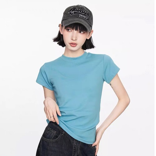 iiiamX yellow crew neck straight-shoulder short-sleeve t-shirt for women summer slim fit hot girl waist-cinch inner top 2025 new arrival