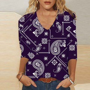 2023 Amazon Cross-border Factory New European and American Women's Top Summer Loose V-neck Retro Seven-sleeve T-shirt for Women