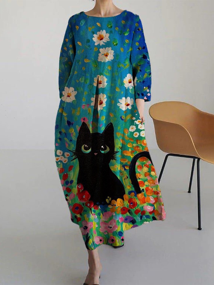 Elegant Retro Printing Crafts Long Sleeve Dress Ladies