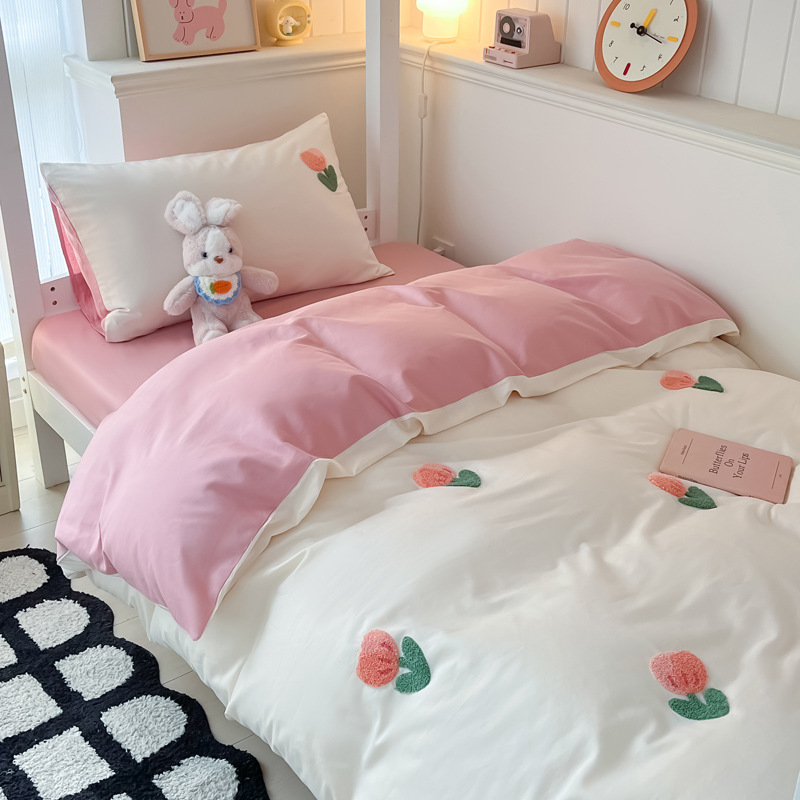 Juego de cama de dormitorio de estudiantes de tres piezas, ropa de cama de algodón puro, sábana, edredón, juego de cuatro piezas