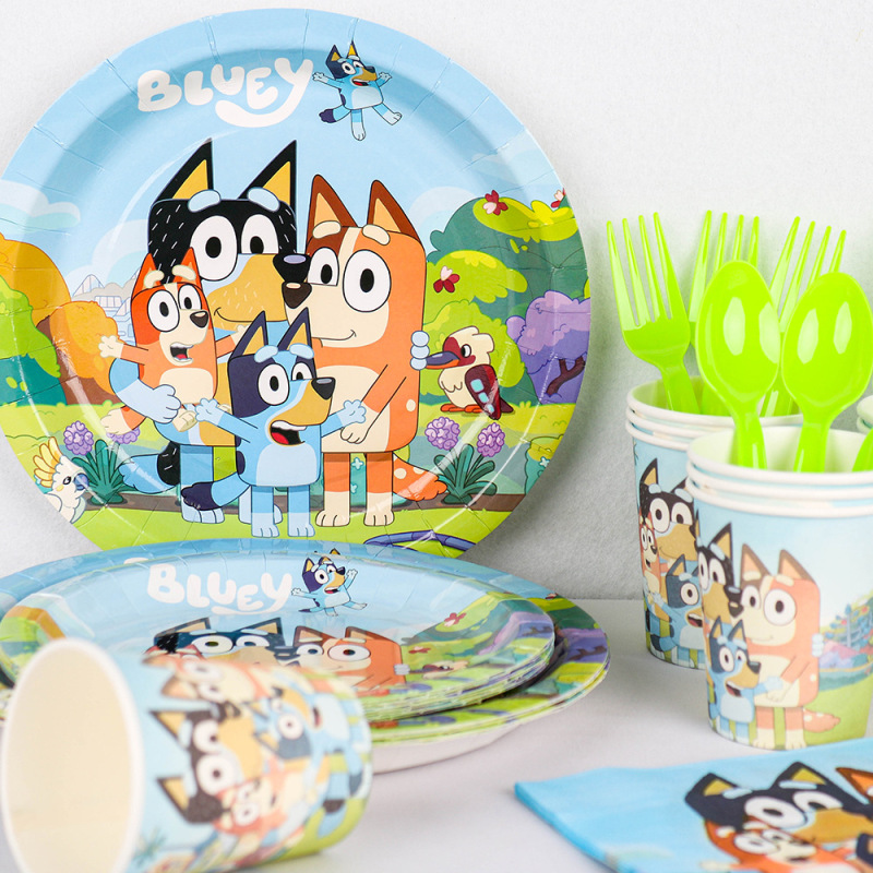 漫画アニメーション Blueyr ブルーイテーマパーティーセット誕生日使い捨て紙コップ紙皿ティッシュフラッグセット|undefined