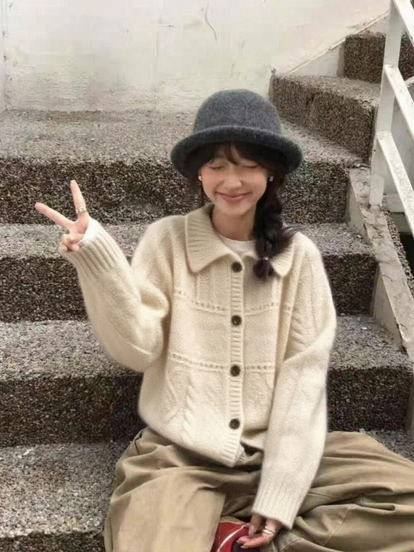 秋季新款复古杂线宽松绿色针织开衫女韩系翻领慵懒风粗针毛衣外套|undefined