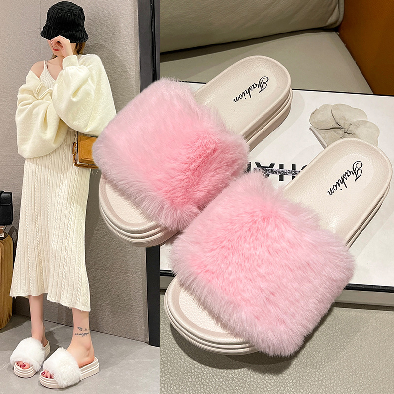 Cross-border new fluffy slippers female home warm net celebrity explosion thick bottom muffin bottom round head cool slippers female foreign trade