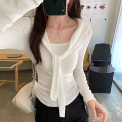 小众设计感海军领披肩长袖T恤女2025早秋新款褶皱收腰绝美小上衣